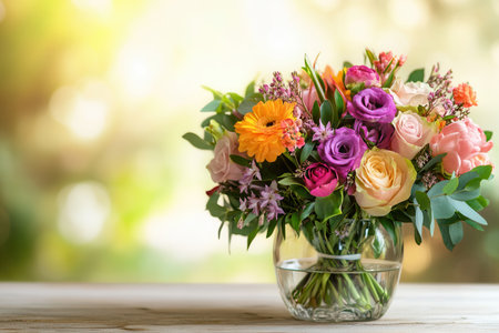 A vibrant bouquet of colorful flowers fills a glass vase, set against a softly blurred background, enhancing the serene ambiance.の素材