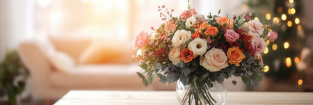 A colorful assortment of flowers fills a glass vase, brightening a light wood table in a warm and inviting living space.の素材