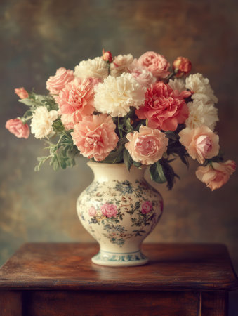 A lovely arrangement of pink roses and white carnations sits gracefully in a vintage vase atop an antique wooden table.の素材