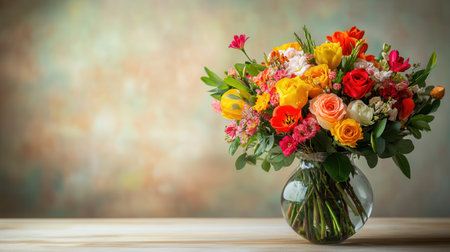 A beautifully arranged bouquet filled with colorful flowers in a glass vase enhances the cozy setting on the light wood table.の素材