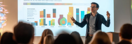 An expert presents data-driven insights using colorful charts and graphs to engage an audience at a professional conference.の素材