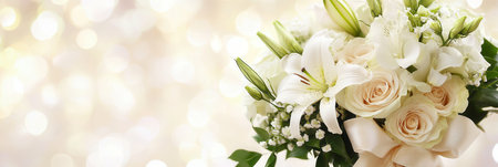 A beautiful arrangement of white roses and lilies, elegantly tied with a silk ribbon, set against a softly blurred pastel backdrop.の素材