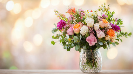 A colorful assortment of flowers arranged in a glass vase sits gracefully on a light wood table, enhancing the inviting atmosphere.の素材