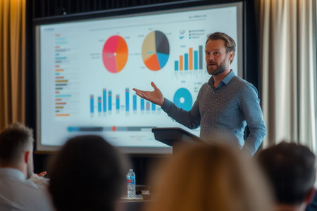 An expert passionately explains data trends at a conference, showing colorful charts and graphs to illustrate key insights.の素材
