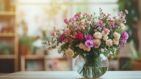 A carefully arranged bouquet featuring various colorful flowers sits elegantly in a glass vase atop a light wood table.の素材
