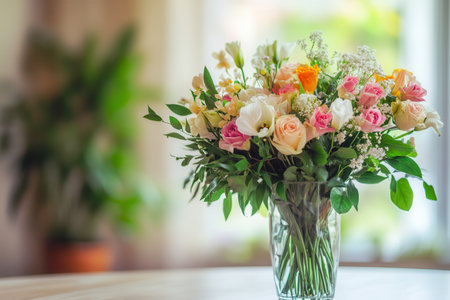 A beautiful bouquet featuring roses and greenery is elegantly arranged in a glass vase on a light wood table, basking in sunlight.の素材
