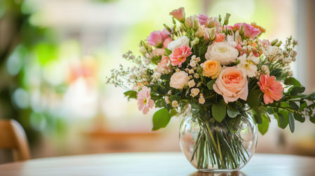 A vibrant bouquet featuring various mixed flowers sits elegantly in a clear glass vase atop a light wooden table, creating a warm atmosphere.の素材