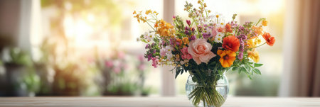 A beautifully arranged bouquet of mixed flowers in a glass vase brightens the light wood table, adding charm to the inviting space.の素材