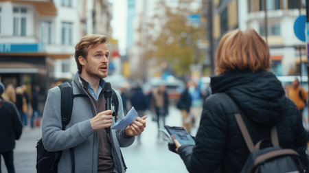 An expert engages in a live interview with a journalist amidst the bustling activity of a city street in the afternoon.の素材