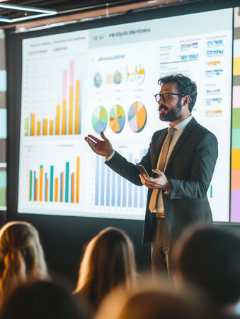 An expert delivers a compelling presentation on charts and graphs at a lively professional conference audience engagement.の素材