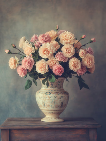 A beautiful arrangement of roses and carnations in a vintage vase, displayed on a rustic wooden table for a timeless look.の素材