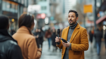 An expert discusses important topics with a journalist as pedestrians navigate a bustling city street in the afternoon.の素材