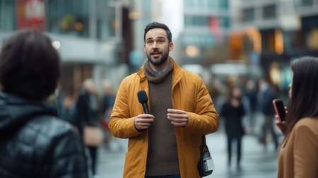 A journalist interviews an expert about tech trends while crowds bustle around them in a vibrant urban environment.の素材