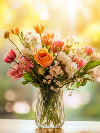 A vibrant bouquet filled with various flowers sits elegantly in a glass vase on a light wooden table, capturing the warm glow of sunlight.の素材