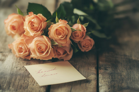 A lovely bouquet of soft pink roses is elegantly placed on a rustic wooden table, complete with a sweet handwritten note.の素材