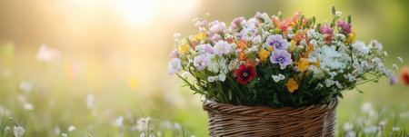 A beautifully arranged bouquet of seasonal flowers in a wicker basket set against a sunny, natural background showing spring colors.の素材