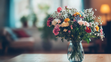 A colorful arrangement of mixed flowers in a glass vase brightens up a light wood table in a warm, inviting living area.の素材