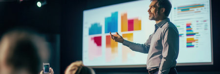 An expert delivers a dynamic presentation at a conference, utilizing colorful charts and graphs to engage the audience effectively.の素材