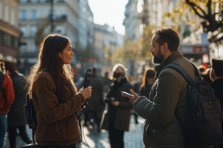An expert discusses current topics with a journalist as pedestrians bustle by in a vibrant city setting.の素材