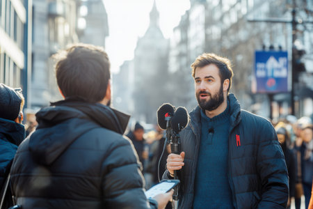 An expert is engaged in a lively discussion with a journalist on a busy city street filled with pedestrians and urban energy.の素材
