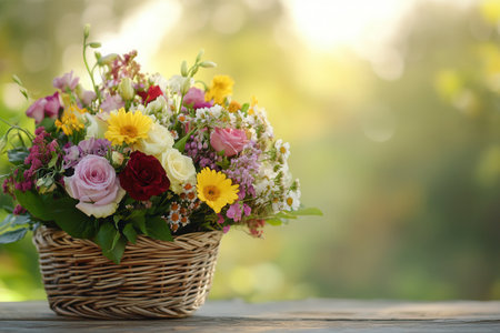 A charming arrangement of seasonal flowers in a wicker basket is beautifully set outdoors, surrounded by a soft, glowing background.の素材