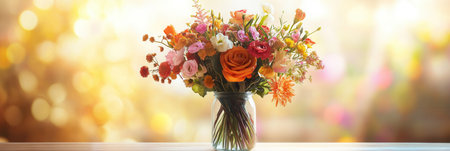 A colorful arrangement of various flowers in a glass vase brightens a light wood table, creating an inviting ambiance.の素材