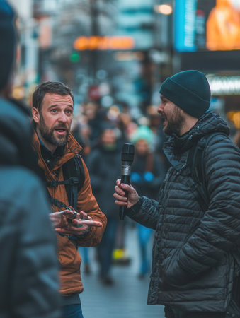 An expert engages in a lively interview with a journalist amidst the hustle of a busy city street filled with people.の素材