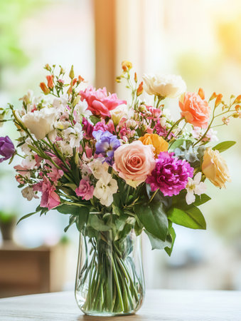 A lively arrangement of mixed flowers, including roses and lilies, displayed in a glass vase on a light wood table, bathed in sunlight.の素材