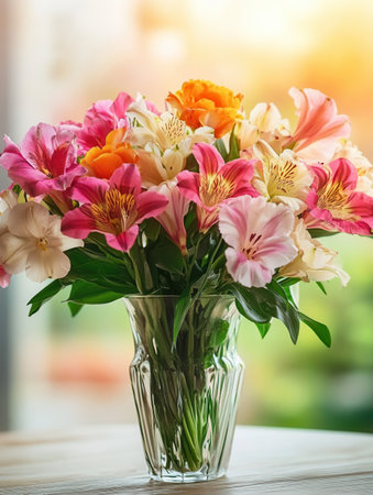 A vibrant bouquet featuring a variety of flowers, elegantly arranged in a clear glass vase on a table with a warm wood finish.の素材