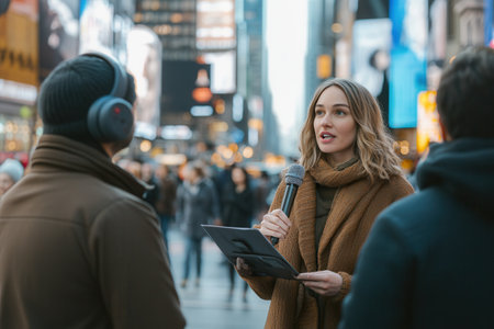 An engage experts in a live interview with a journalist on a bustling street filled with people and bright advertisements.の素材