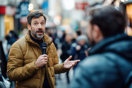 An experts engage in a lively interview with a journalist while surrounded by a busy city street filled with people.の素材