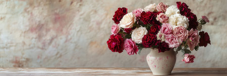Roses and carnations create a stunning bouquet in a vintage vase, elegantly placed on an antique wooden table, evoking timeless charm.の素材