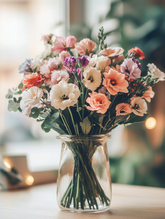 This carefully arranged bouquet of mixed flowers in a glass vase enhances the ambiance of the room with its beautiful colors.の素材