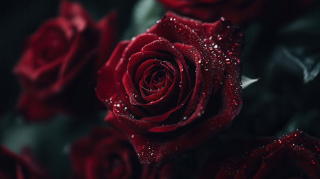 A bouquet of deep red roses showcases delicate droplets of water on each petal, emphasizing their stunning beauty and freshness.の素材