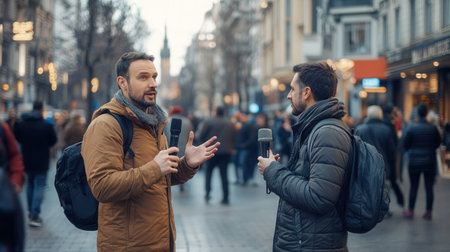 An expert shares insights on urban development with a journalist amidst a busy city street bustling with pedestrians.の素材