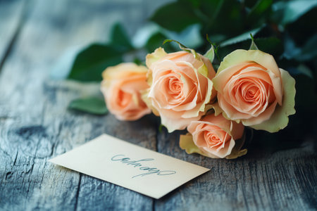 Delicate roses in soft hues rest on a rustic wooden surface beside a charming handwritten note, adding a personal touch to the arrangement.の素材