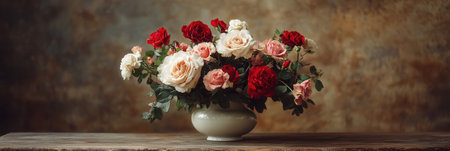 A charming vintage ceramic vase holds a lush bouquet of roses and carnations, beautifully placed on an antique wooden table.の素材