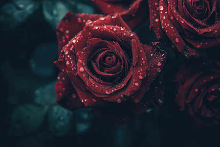 Delicate red roses glisten with water droplets, capturing the essence of fresh blooms in early morning light and nature's beauty.の素材