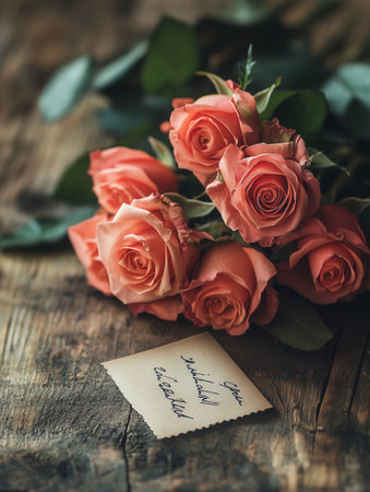 A charming bouquet of pink roses and a delicate handwritten note are beautifully displayed on a rustic wooden table, conveying warmth.の素材