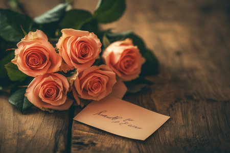 A charming bouquet of pink roses rests on a rustic wooden table, accompanied by a small handwritten note, adding a personal touch.の素材