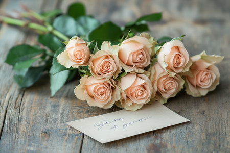 A delicate bouquet of peach roses rests on a rustic wooden table alongside a small handwritten note.の素材
