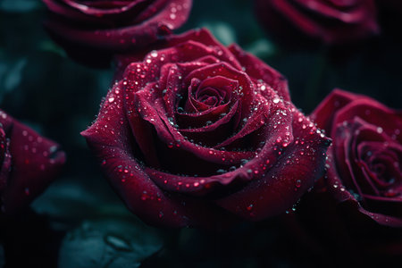 This bouquet features vibrant red roses, their petals glistening with water droplets, showcasing natureの素材