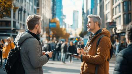 An expert shares insights about industry trends while being interviewed by a journalist on a lively urban street filled with people.の素材