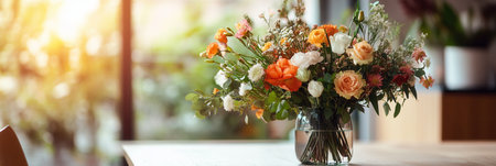Brightly colored flowers are arranged in a glass vase on a light wood table, creating a cheerful mood in a welcoming space.の素材