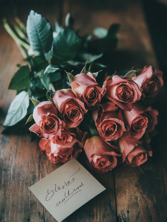 A stunning bouquet of pink roses rests on a rustic wooden table, accompanied by a heartfelt handwritten note, creating a cozy atmosphere.の素材
