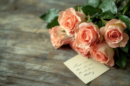 A charming arrangement of peach roses rests on a weathered wooden table with a small handwritten note for a personal touch.の素材