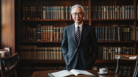 A professor exudes confidence while dressed in a suit, standing before a large bookshelf brimming with various books in an academic environment.の素材