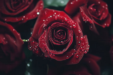Deep red roses glisten with delicate water droplets, showcasing their lush petals against a soft green background.の素材