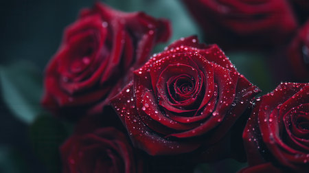 Delicate deep red roses adorned with water droplets create a stunning display of beauty and freshness in the morning light.の素材