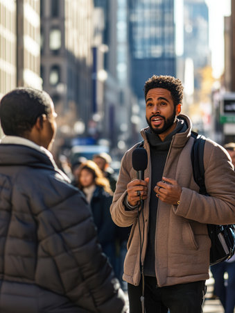 An expert engages in a lively discussion with a journalist on a bustling city street as passersby move along.の素材